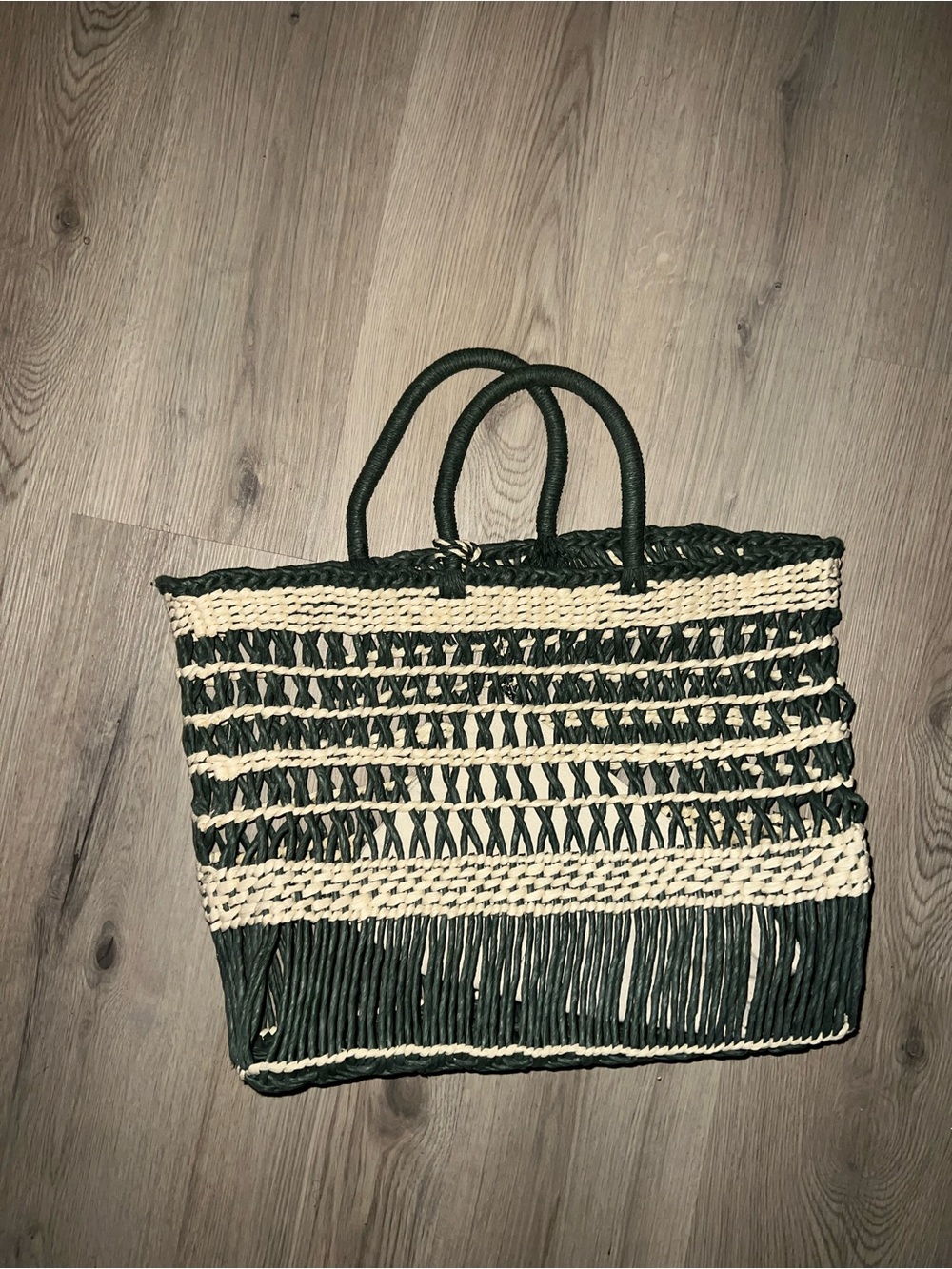 Zara Green & Cream Woven Tote Bag w/ Pouch